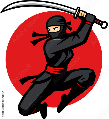 Bold Female Ninja in Jump Attack – Flat Vector Mascot Logo with Katana and Red Sun Circle Background, Esports and Martial Arts Illustration
