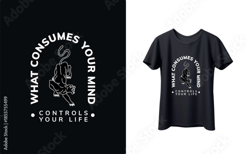 Black t-shirt with inspirational lion design and motivational quote