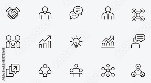 Collection of business and communication related line icons in a grid format