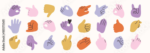 Different hand gestures set. Simple modern minimal funny doodle style, flat. Hands cartoon icons black pink violet and light blue hands showing different gestures vector illustration. Stickers, print.