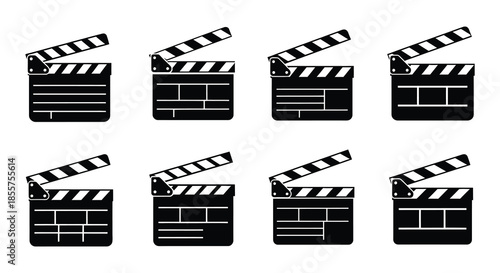A collection of black and white film clapperboards in various perspectives