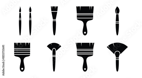 Collection of diverse artistic paintbrushes in a black and white illustration