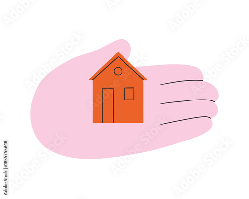 Hand holding home. Small house in a big hand, illustration, sign, print, sticker, logo. Real estate, selling, cleaning, insurance. Flat simple minimal doodle style. Tiny house, cottage concept.
