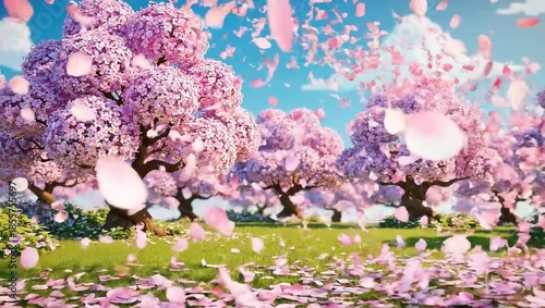Cherry Blossom Petals Falling in a Beautiful Spring Landscape.