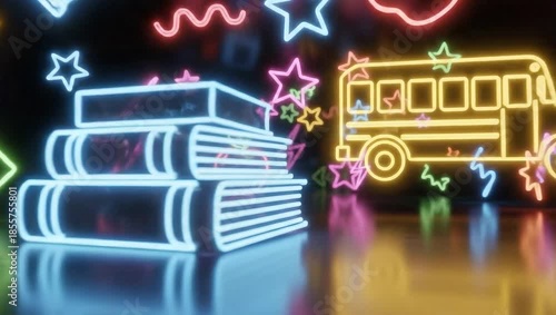 Neon school supplies glowing in the dark.