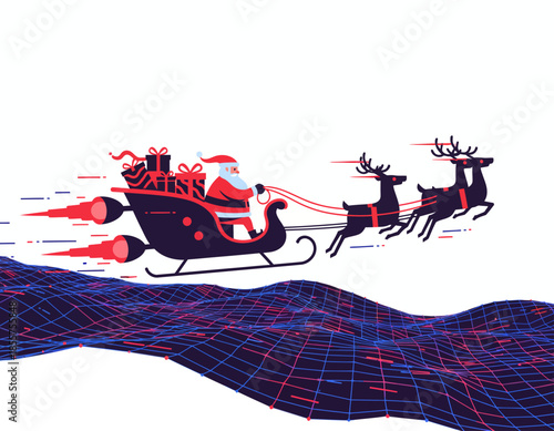 Cartoon vector illustration of Santa Claus riding a sleigh designed as a speed boat ship traveling across the sea water surface in a silhouette art style