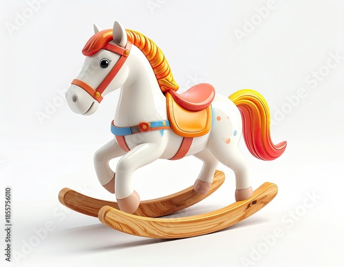 Cartoonish white rocking horse with colorful saddle and mane on wooden rockers