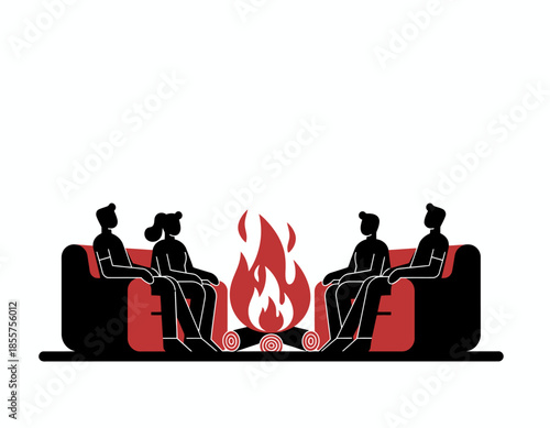 Corporate professionals gathered around a virtual campfire, engaging in a trendy discussion, depicted in a flat design vector illustration with exaggerated proportions.