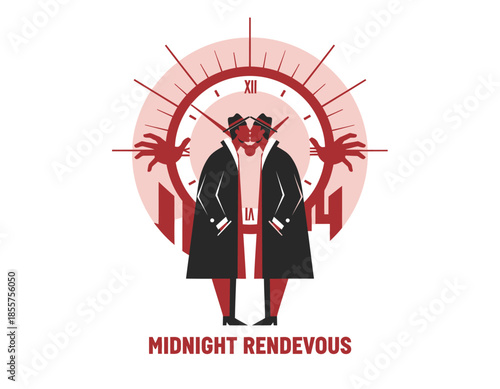 Corporate professionals having a midnight rendezvous under palm trees in a trendy flat design vector illustration