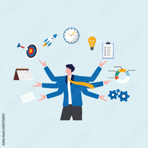 Businessman is holding his hands out in a circle with time management and productivity