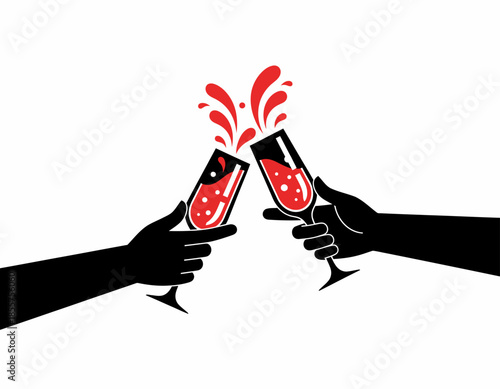 Two hands clinking champagne flutes in a celebratory toast, vector illustration, flat design, exaggerated proportions.