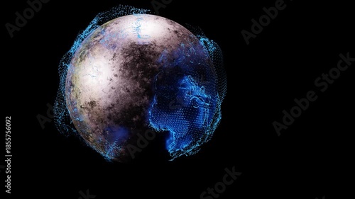 A stylized globe featuring pink digital effects against a black background Earth 3D Visualization. Concept featuring globe, earth, digital, pink, 3d.