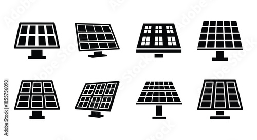 Variety of solar panel designs and orientations illustrated in black and white