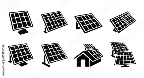 Variety of solar panel designs and orientations illustrated in black and white
