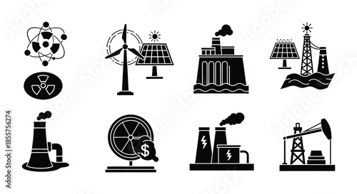 Diverse energy sources illustrated wind solar nuclear and fossil fuel infrastructure