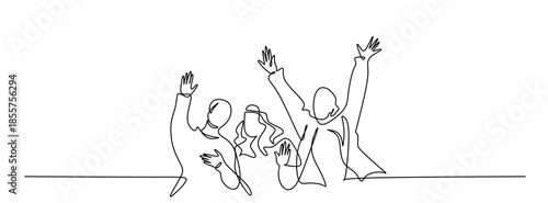 Excited group of diverse people celebrating with raised hands, continuous line art illustration, happiness, unity, teamwork, community, positive energy, success concept