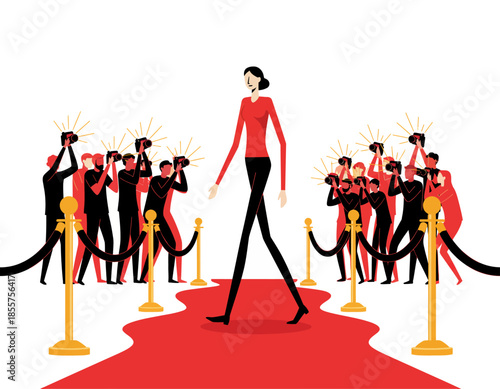 Woman walking down a red carpet surrounded by photographers and paparazzi