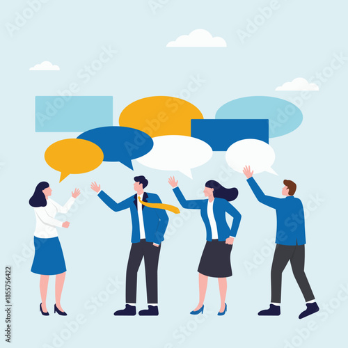 Group of people are standing around and talking to each other, Employee Scene is friendly and social