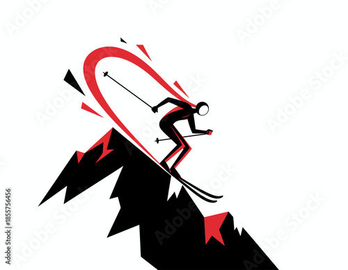 Dynamic Skier in Action on Mountain Slope, Vector Illustration, Flat Design, Exaggerated Proportions