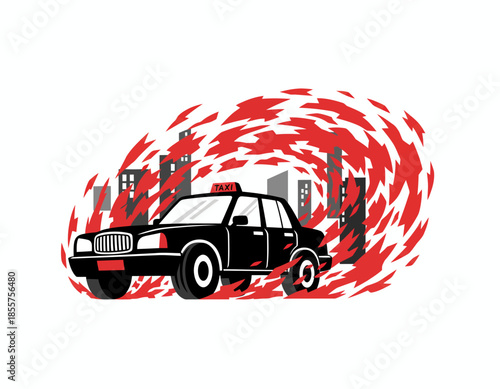 Police car speeding through cityscape with dynamic red swirls, vector illustration, flat design