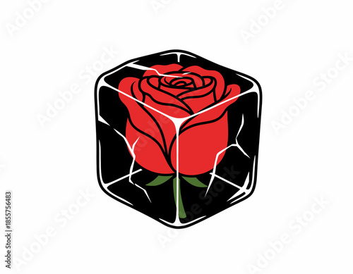 A red rose enclosed in a cracked glass cube, vector illustration, flat design, exaggerated proportions.