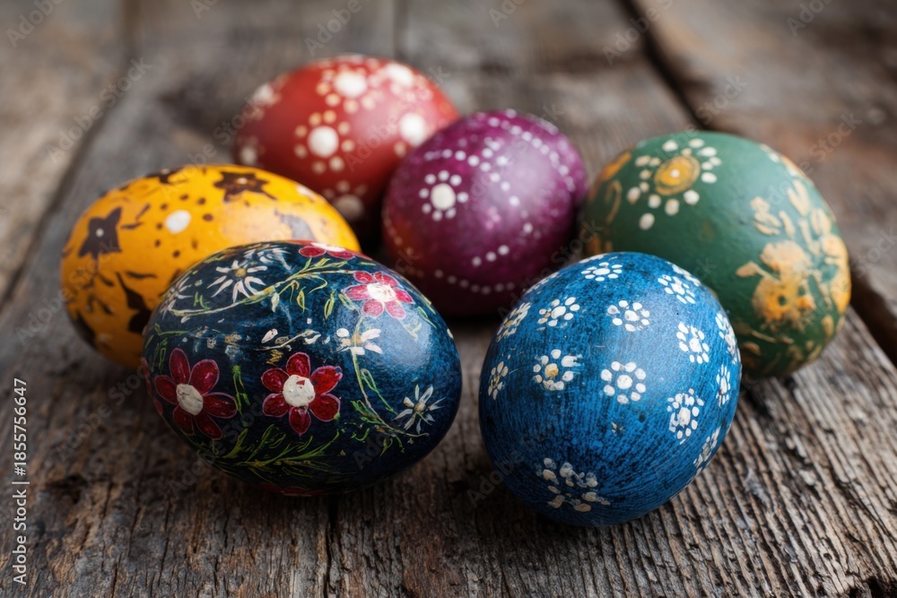 Fototapeta premium Brightly painted eggs arranged on a weathered wooden surface ready for an Easter celebration or spring gathering