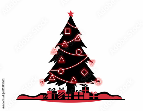 A modern Christmas tree decorated with ornaments and presents in a minimalist flat design style