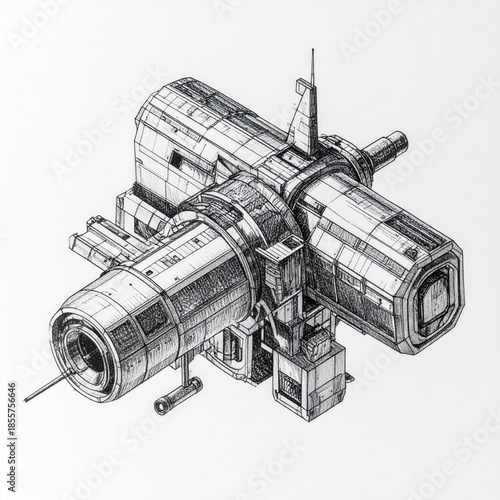 Architectural ink sketch of a futuristic space station component