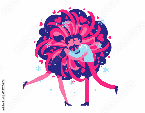 Vibrant couple dancing together in a whimsical, exaggerated illustration style with dynamic motion and bright colors.