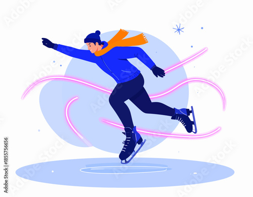 A person ice skating on frozen pond, vector illustration, flat design style, exaggerated proportions, dynamic movement