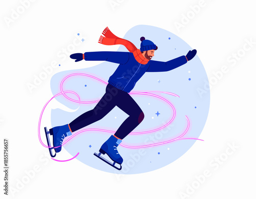 Person ice skating in winter clothing on frozen surface, vector illustration, flat design style, dynamic movement