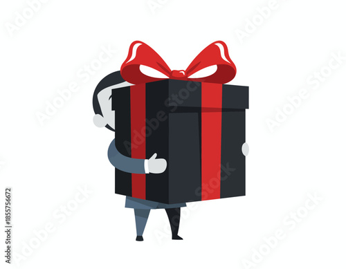 A character illustration holding a gift box with a red ribbon, showcasing a trendy corporate style with exaggerated proportions and flat design.