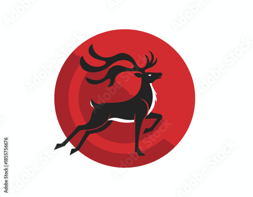 Dynamic vector illustration of a stylized deer in motion within a vibrant red circular background, showcasing flat design and exaggerated proportions.
