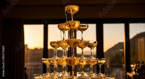 Golden champagne tower sparkling with celebration at sunset