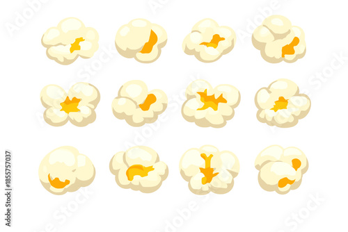 Twelve popped popcorn kernels glowing with light