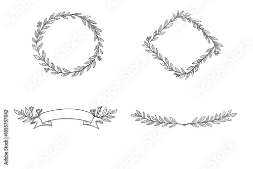 Elegant botanical wreaths and banner with glowing effect