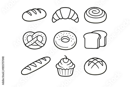 Collection of baked goods icons on a gray background