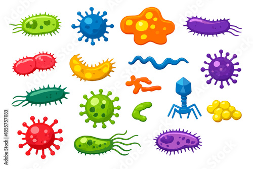 Collection of colorful cartoon microbes and viruses