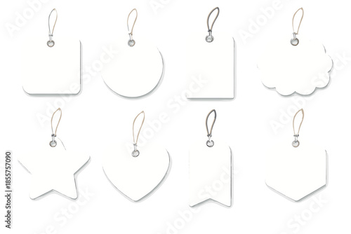 Collection of eight blank white tags in various shapes hanging from strings