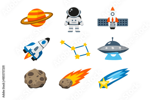 Space-themed icons with celestial bodies and vehicles