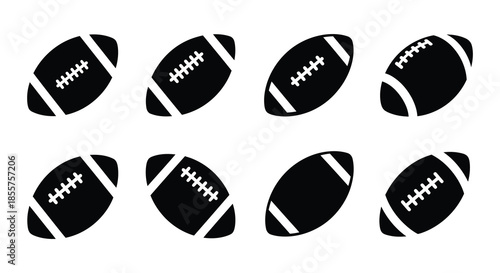 Collection of black and white american football icons in various orientations