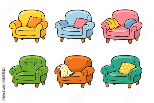 Six colorful armchairs with cushions and throws