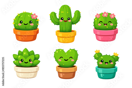 Six Cute Cartoon Cacti in Pots