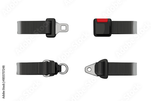 Set of Four Seat Belt Components on Gray Background