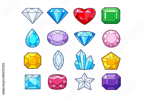 Collection of glowing gemstones in various shapes and colors