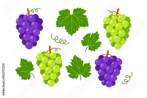 Glow Effect Grape Bunches and Leaves on Green Background