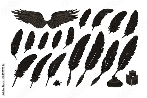 Quill pens, wings, and inkwell on a dark background