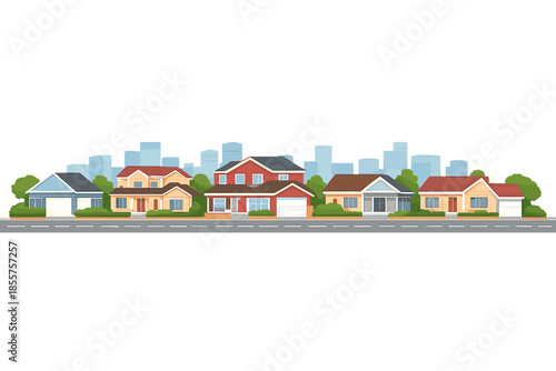 Suburban street with houses and city skyline background