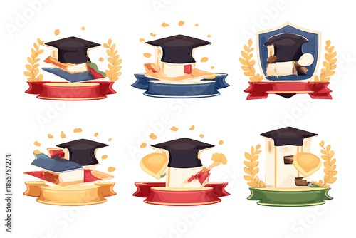 Graduation Achievement Icons with Laurel Wreaths and Ribbons