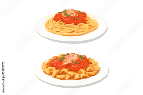 Two plates of pasta with tomatoes and basil